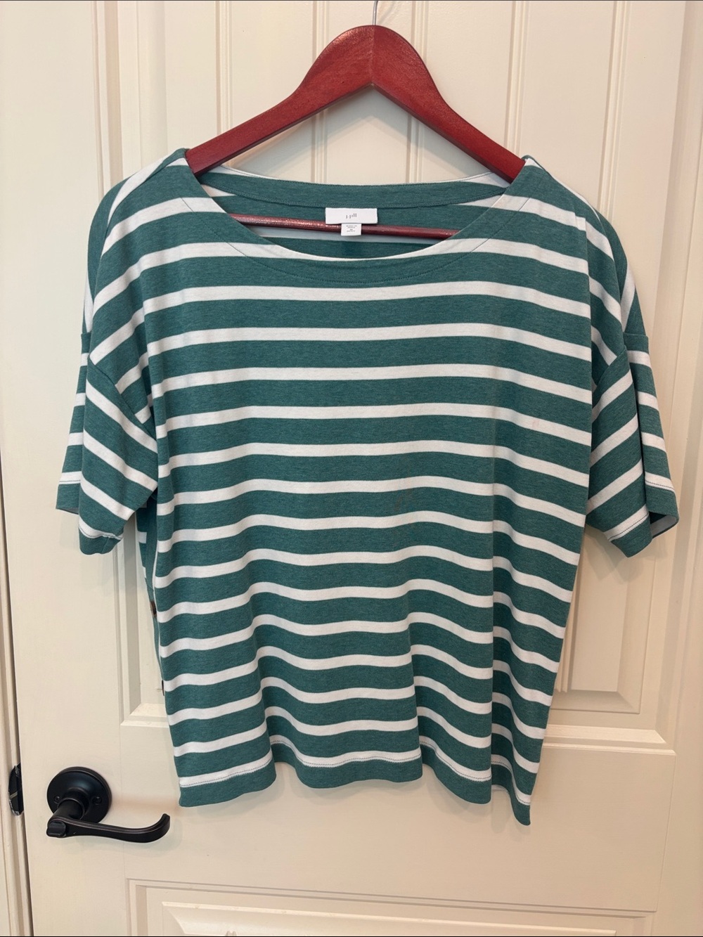 J. Jill Teal and White Striped Short Sleeve Boatneck Tee